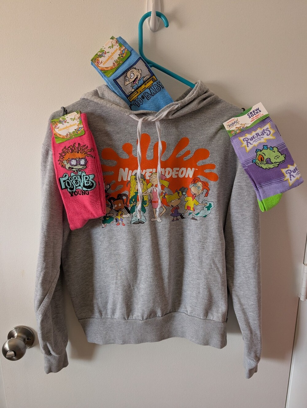 Nickelodeon Gray Hoodie with Orange Logo and Character Art And 3 Pr Rugrats Sock